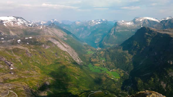 Panorama of Geirangerfjord and mountains, Dalsnibba viewpoint, Norway