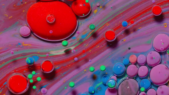 Top View Movement of Red Oil Ink Drops Bubbles Multicolored Artistic Paint Surface Background
