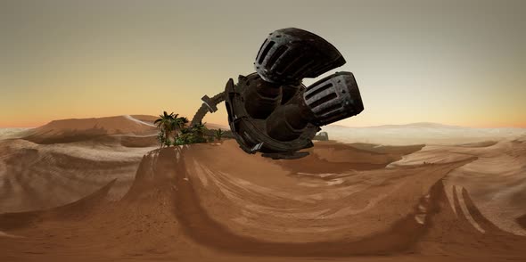 VR360 Old Rusted Alien Spaceship in Desert. Ufo alt