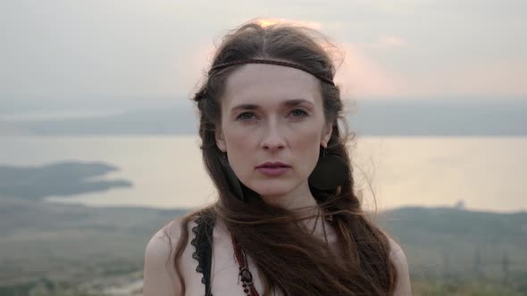 Portrait of a Warlike Amazon Woman with Long Hair