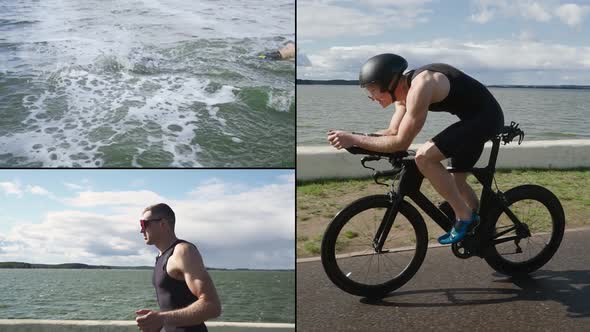 Triathlon Championship Split Screen Video of a Professional Athlete a Man Running Swimming and
