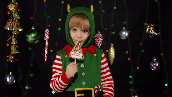 Kid Girl Christmas Elf Santa Claus Helper Costume Licking Candy Lollipop Caramel Sweets