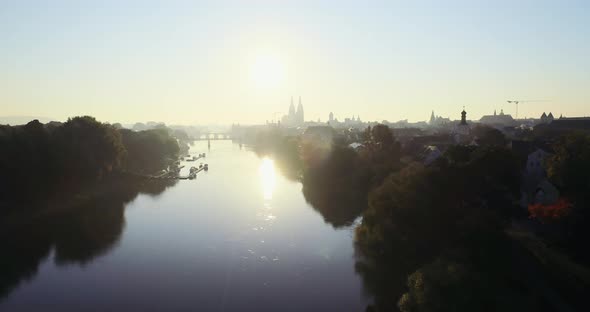 Drone shot of Regensburg and the old town in golden October