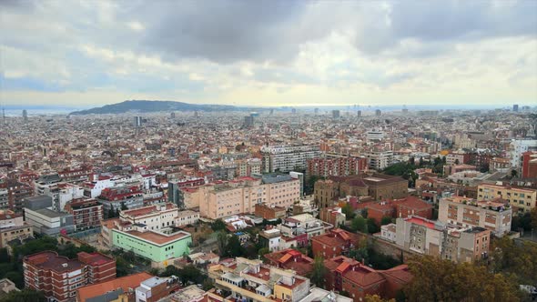 Aerial drone view of Barcelona, Spain. Multiple residential and office buildings