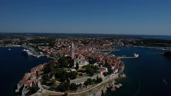 Flight Over Harbor and Old Town Rovinj Istria Croatia