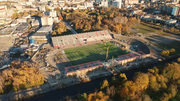 Autumn City Of Rivne Ukraine, Reconstruction Of The Stadium. Aerial Shot