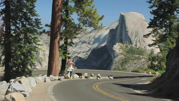 Beautiful Slow Motion of Happy Woman Running, Jumping and Enjoying Yosemite Nature