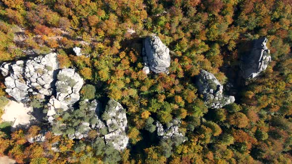 Overhead View of Autumn Dovbush Rocks in Ukrainian Carpathian Mountains