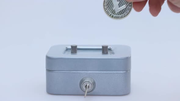 Little Saving Vault Hand Holds Silver LTC Litecoin Virtual Money