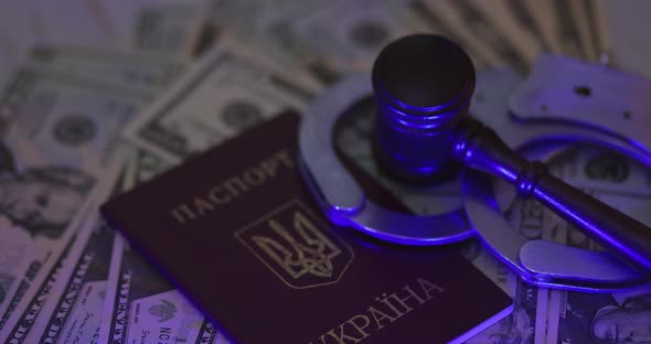 Passport in Ukraine with Arrest Handcuffs Punishment Dollars Cash of Light Flasher Police