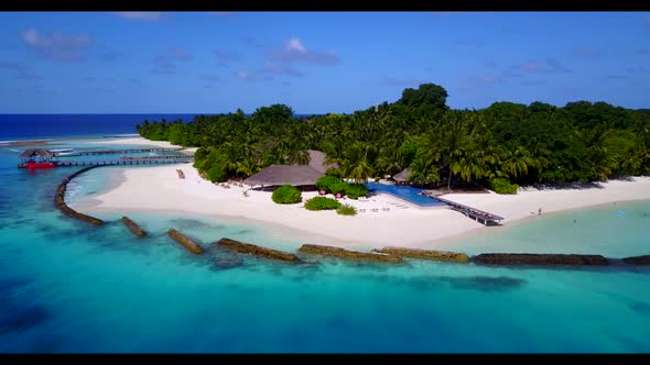 Aerial drone panorama of exotic coast beach voyage by blue lagoon and white sand background of a pic