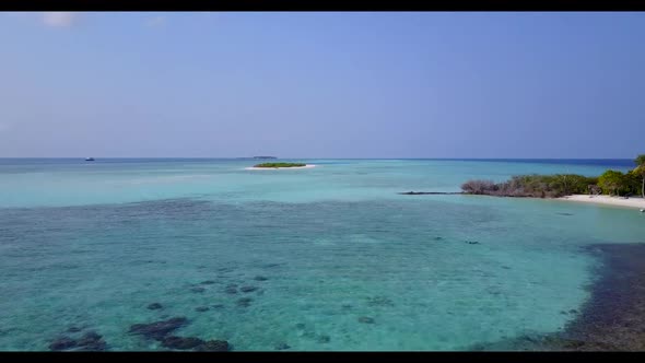 Aerial above landscape of luxury coastline beach wildlife by turquoise lagoon and white sand backgro