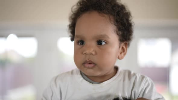 Headshot Portrait Handsome Curios Toddler Boy Looking Around Sitting on Shoulders of Unrecognizable