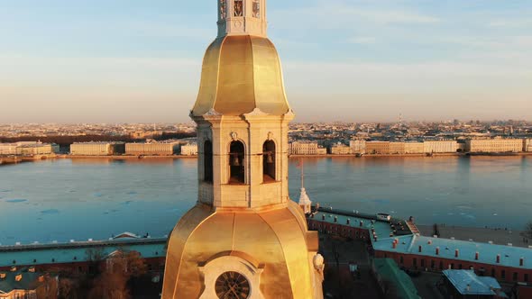 Aerial Span Near the Bell Tower of the Peter and Paul Fortress at Sunset in the Historical Center of