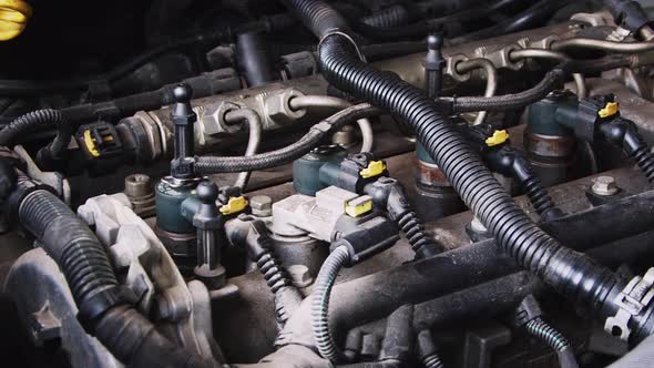 Close Up Detail Of Car Parts Under Hood Engine