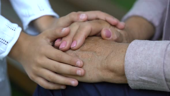 Hands of Little Girl Carefully Holding Old Wrinkled Hands of Granny, Close Up