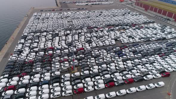 Car Plant parking lot with finished multicolored automobiles