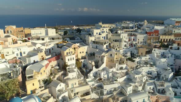 Aerial View Flying Over City of Oia on Santorini Greece