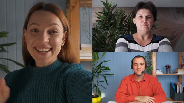 A Young Woman is Talking on a Video Call with a Young Man and a Woman