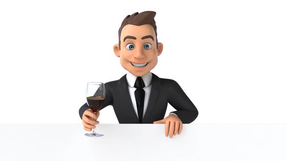 Fun 3D cartoon business man with a glass of wine