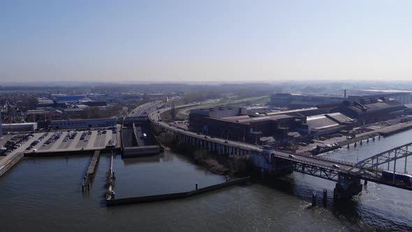 Industrial View Of West Netherlands And River Noord - aerial shot