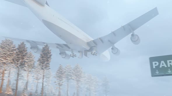 Airplane Arrives to Paris In Snowy Winter