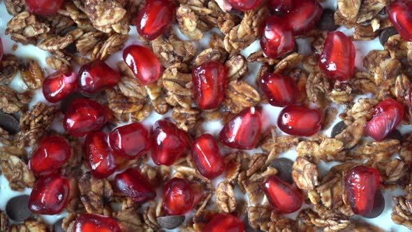 Granola with oatmeal, dried fruit, honey, chocolate, nuts and pomegranate rotate