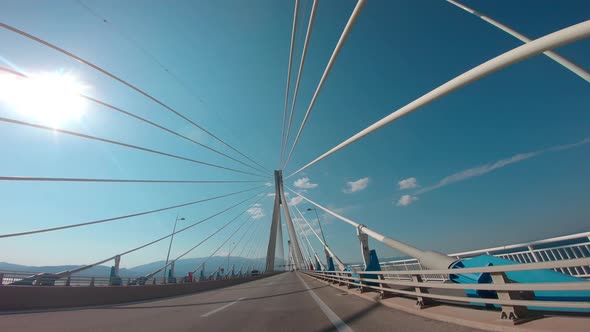 Driving on the Rio–Antirrio bridge. Above Golf of Corinth direction Patras Peloponnese Greece. Offic