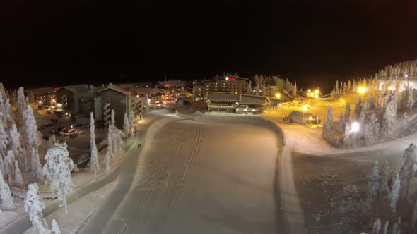 Aerial view of ski centre at night, Finland