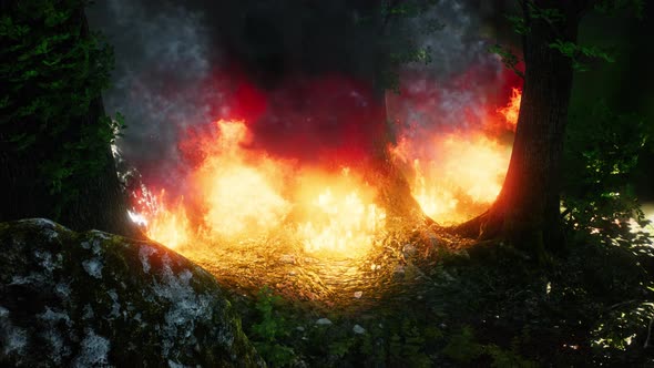 Wind Blowing on a Flaming Trees During a Forest Fire