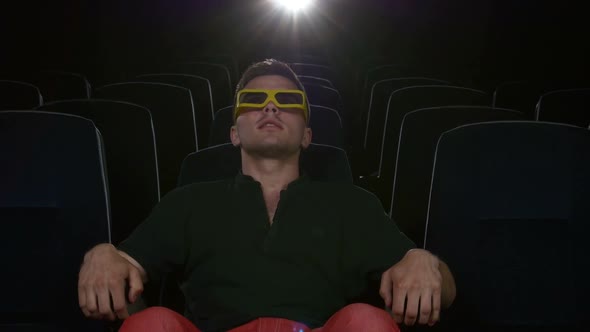 Boy Sitting at Cinema, 3D Stereo Glasses. Close Up