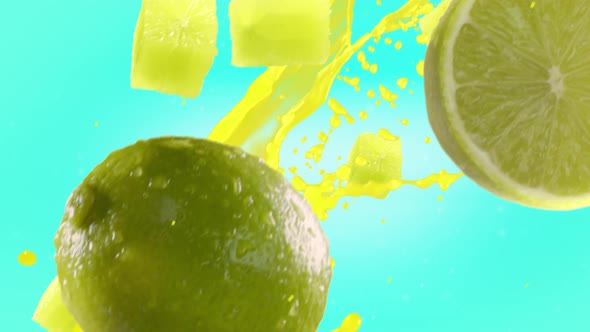 Lime with Slices Falling on Turquoise Background