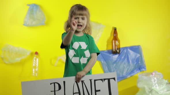 Girl Activist Hold White Poster Our Planet Needs Help. Plastic Nature Pollution