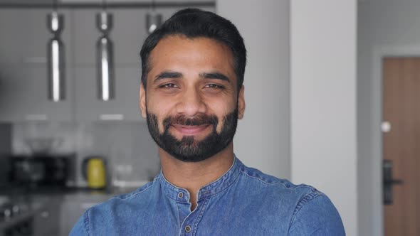 Happy Millennial Young Man Wearing Blue Jeans Shirt Toothy Smiling to Camera