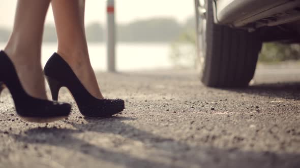 Woman In High Heels.Strong Independent Female.Woman Driver Open Car Door.Businesswoman High Heels