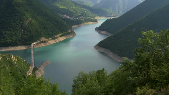 Bridge Over Reservoir in Piva Canyon, Montenegro. , FHD