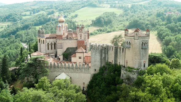 Aerial Drone Panoramic View of the Rocchetta Mattei Castle in Italy on Sunny Summer Day View From