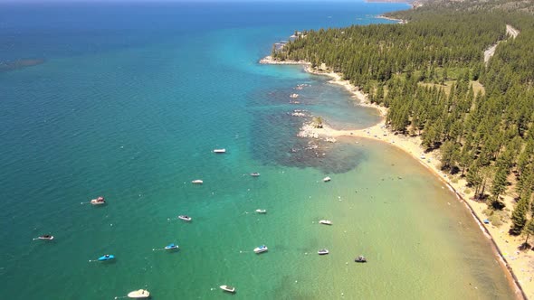 Drone flying over zephyr cove on the Nevada side of lake Tahoe.