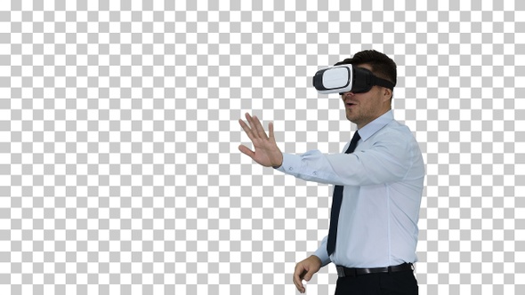 Businessman in Virtual Reality Headset Walking in Virtual World