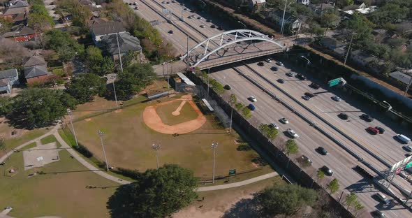 Aerial of cars on 59 South freeway in Houston, Texas on a bright sunny day