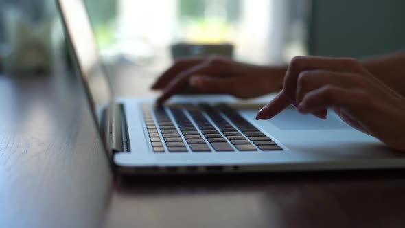 Closeup Hands of Unrecognizable Young Business Woman Working Online Typing on Laptop Keyboard