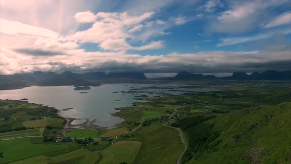 Flight near town Leknes on Lofoten islands in Norway