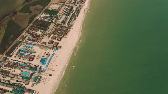 Aerial Drone Shot Narrow Long Island in Azov Sea with Long Sandy Beaches