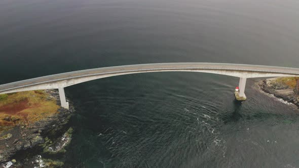 Flying Towards Storseisundet Bridge At The Atlantic Road Over Scandinavian Ocean In Norway. Aerial D