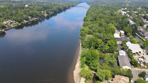 Overhead Aerial Landscape View of Delaware River of Lambertville New Jersey Near Small Town