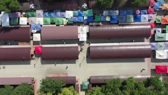 Aerial footage Vernissage park in Yerevan center, Armenia.