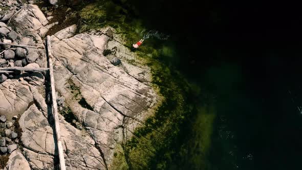 Man Swimming In  Fresh Lake Water Looking For Crabs. Crab Fishing In Egmont, Canada. aerial drone ap