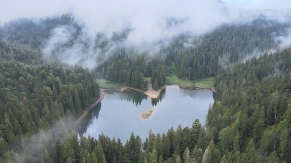 Mountain Lake Synevyr. Aerial View of the Carpathian Mountains in Autumn. Ukraine