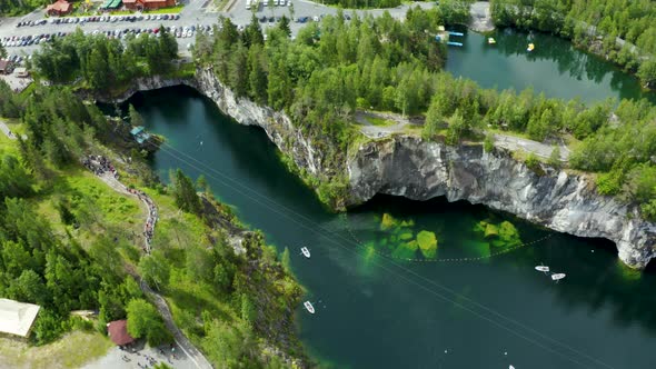 Aerial View Of Marble Canyon With a Lake, Karelia, Russia