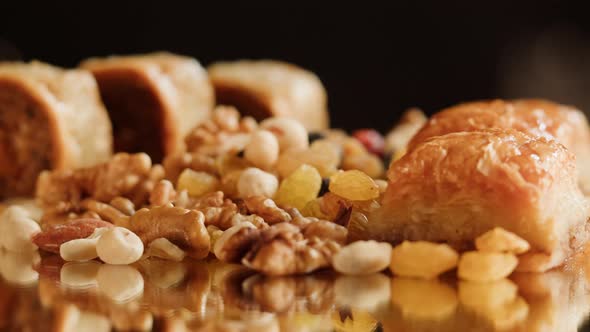 Turkish Sweet Dish Baklava and Nuts Closeup